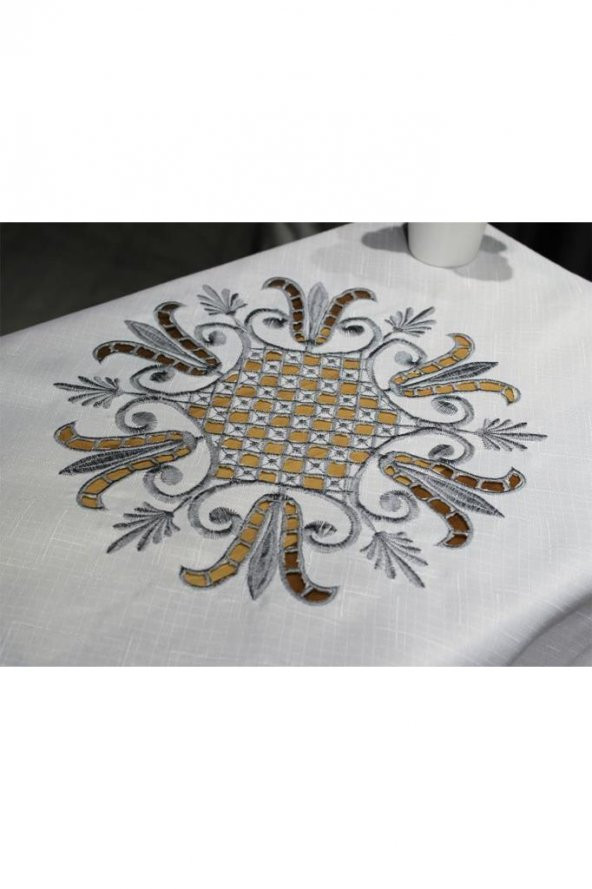 Lale Nakışlı Fiskos Krem Gri 100x100 Cm - Resim 6