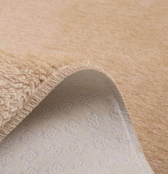 My Evilla Modern Dekoratif Halı Jel Kaymaz Taban Peluş Bej Saçaklı Oval Paspas Takımı 50x80 - 3