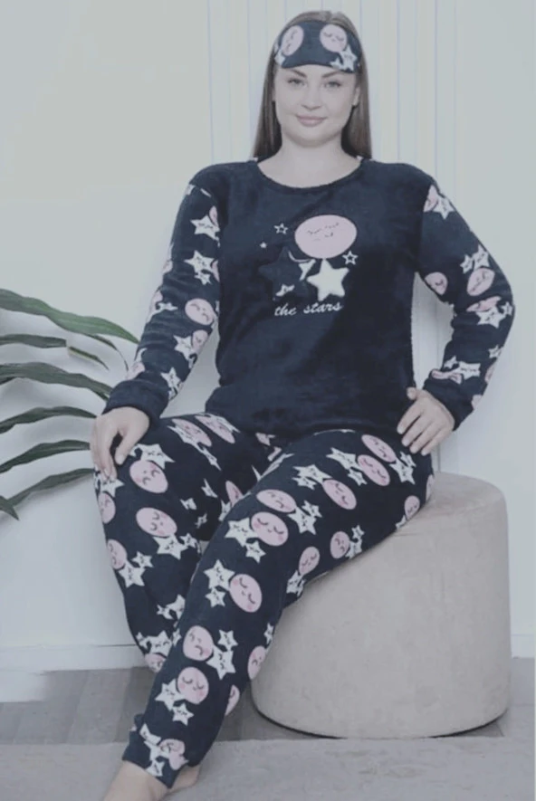 Kadın Lacivert Renk Polar Kumaş 6225 Battal Büyük Beden  Pijama Takımı - 4