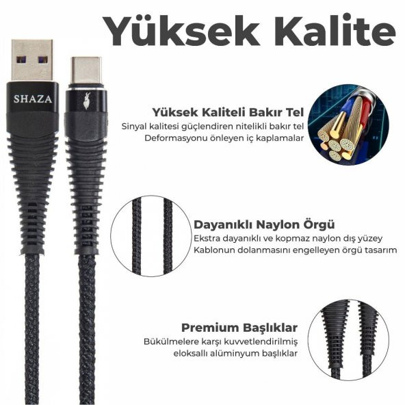 SHAZA USB TYPE-C PD 5A 100W Örgülü Hızlı Şarj ve Data Kablosu 2 Metre - 5