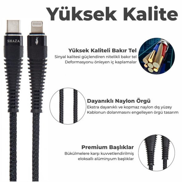 SHAZA Apple iPhone Lightning To TYPE-C PD 5A 100W Örgülü Hızlı Şarj ve Data Kablosu 2 Metre - 5
