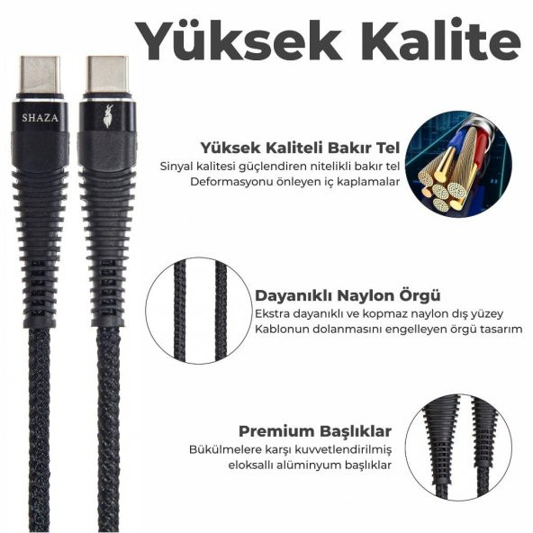 SHAZA TYPE-C TO TYPE-C PD 5A 100W Örgülü Hızlı Şarj ve Data Kablosu 2 Metre - 5