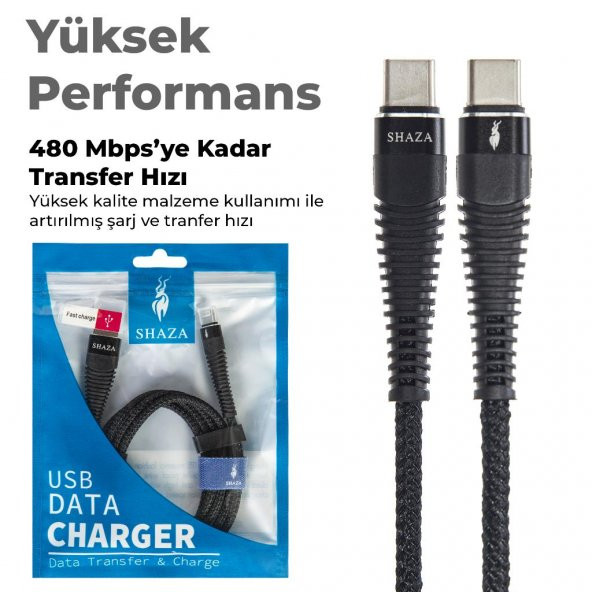 SHAZA TYPE-C TO TYPE-C PD 5A 100W Örgülü Hızlı Şarj ve Data Kablosu 2 Metre - 6