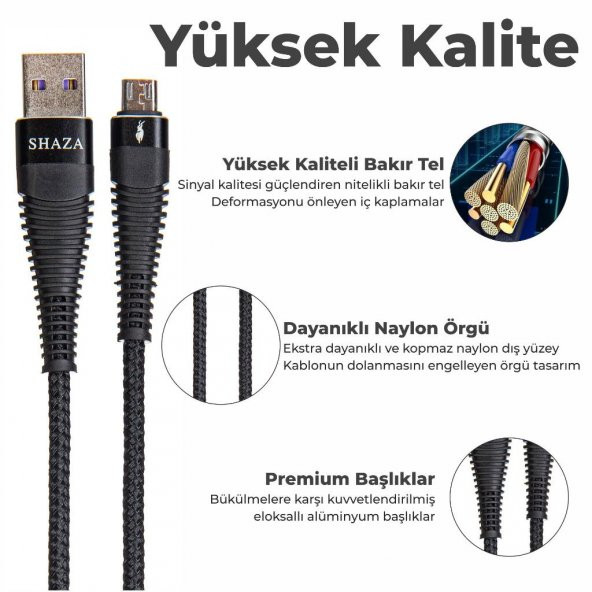 SHAZA USB MİCRO 5A 100W Örgülü Hızlı Şarj ve Data Kablosu 3 Metre - 5
