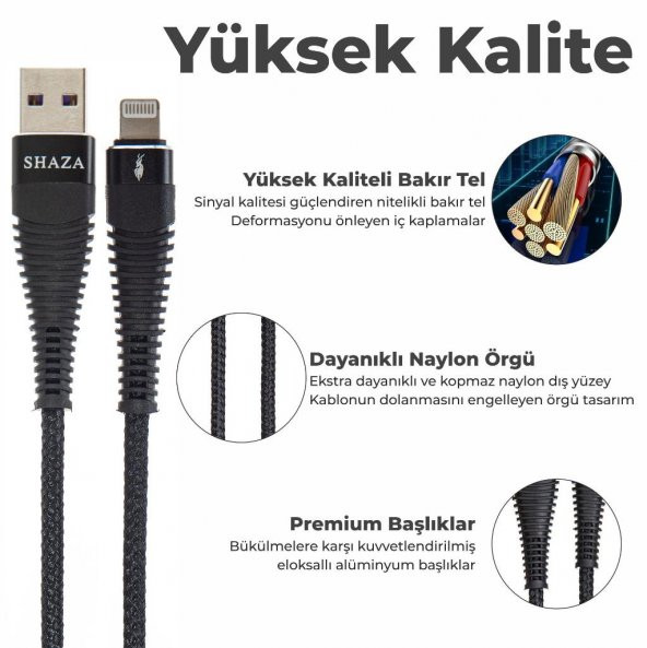 SHAZA Apple iPhone Lightning 5A 100 W Örgülü Hızlı Şarj ve Data Kablosu 3 Metre - 5