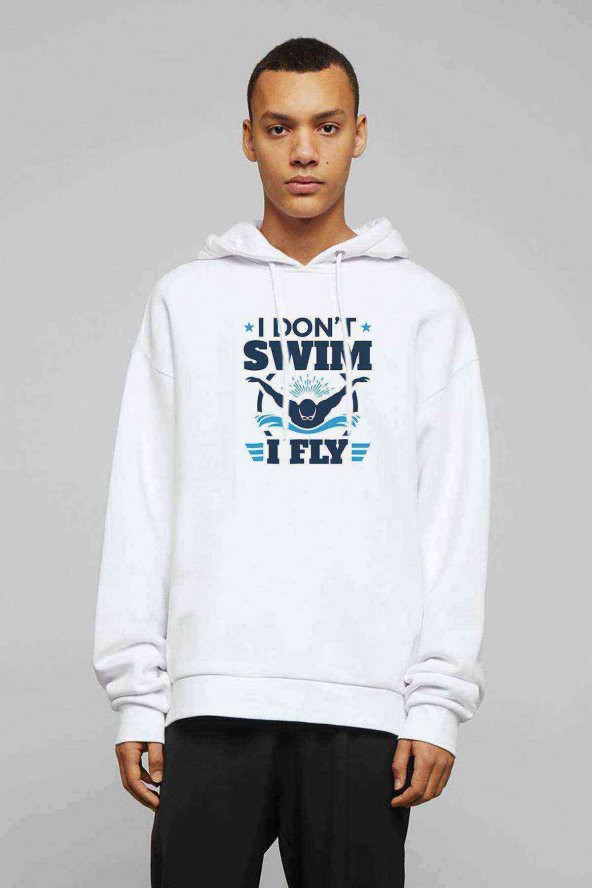 I Dont Swim I Fly Baskılı Beyaz Erkek Kapşonlu Sweatshirt - 1