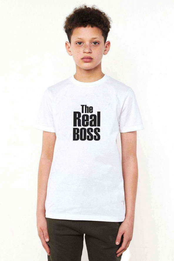 The Real Boss Baskılı Unisex Çocuk Beyaz Tshirt
