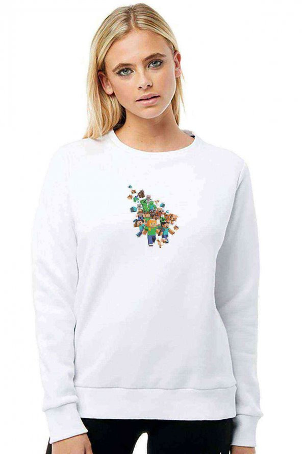 Minecraft Characters Baskılı Beyaz Kadın Sweatshirt