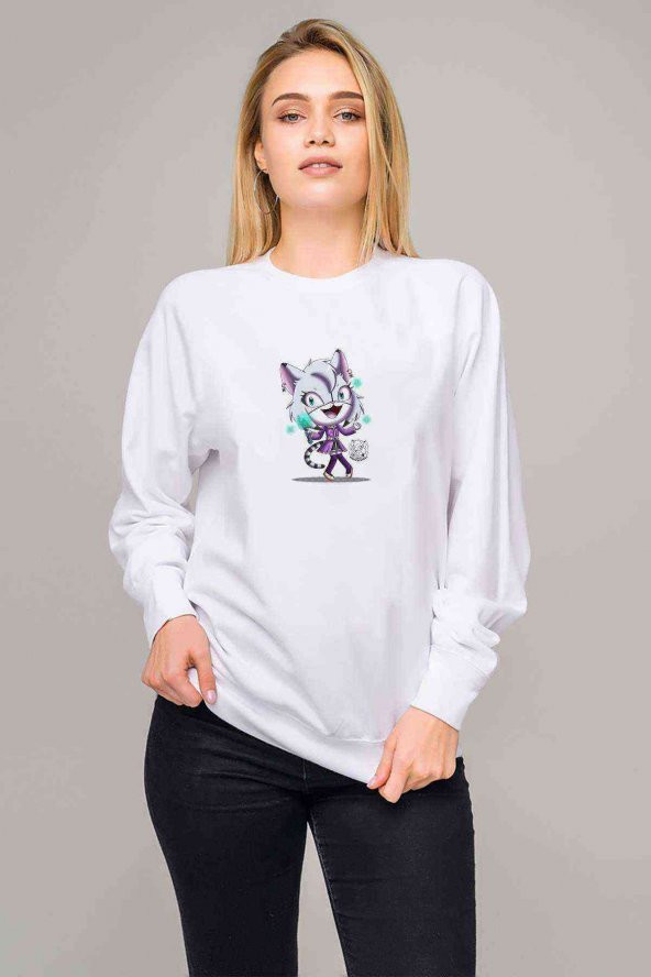 Kiss Cat Technology Baskılı Beyaz Kadın Sweatshirt