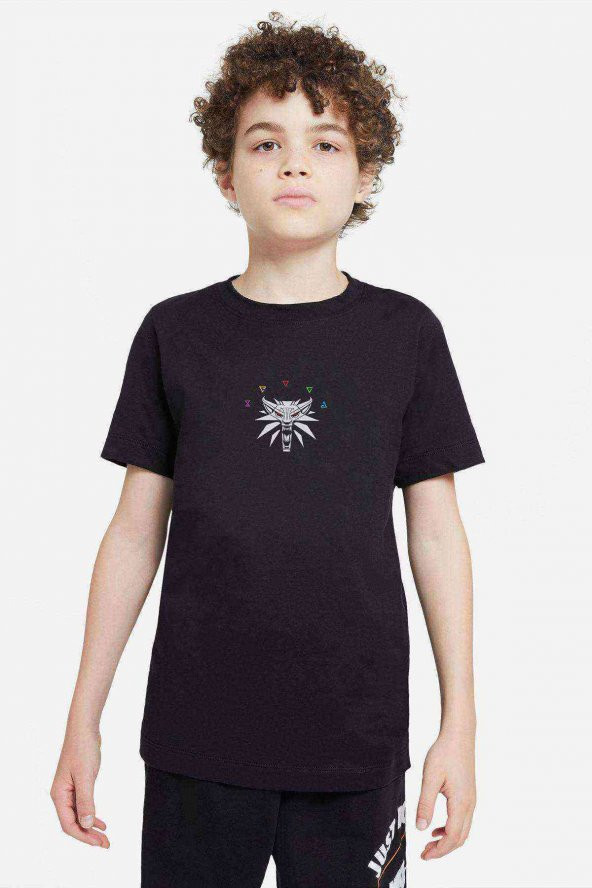 Wolf Logo Baskılı Unisex Çocuk Siyah T-shirt