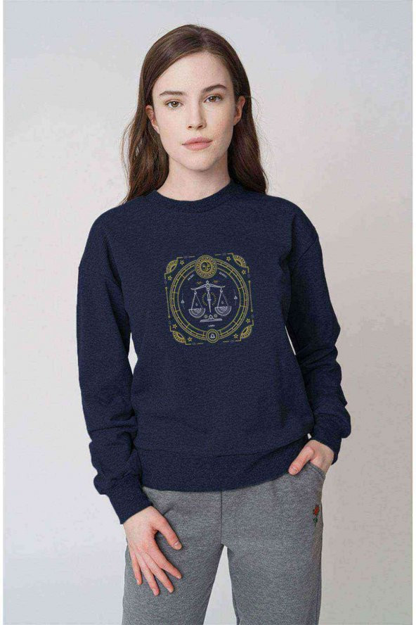 Burç Terazi Libra Baskılı Indigo Mavi Kadın Sweatshirt