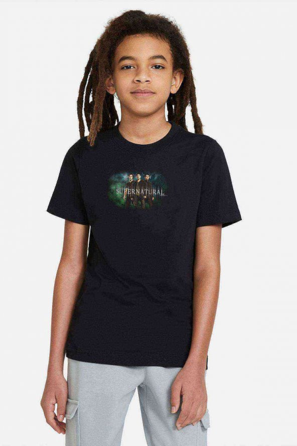 Supernatural Fear Baskılı Unisex Çocuk Siyah T-shirt