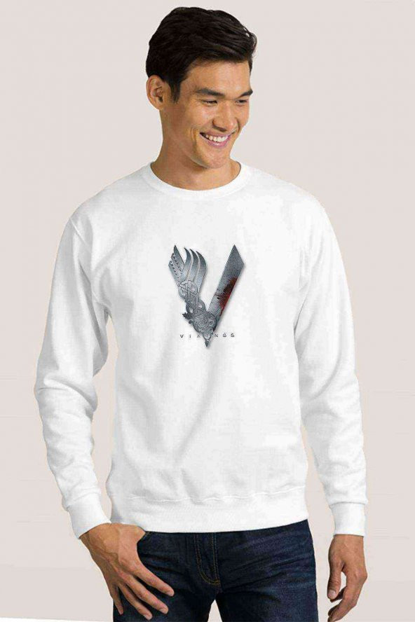 Vikings Amblem Logo Baskılı Beyaz Erkek Sweatshirt