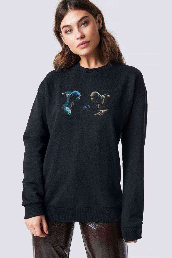 Mortal Kombat Scorpion Vs Sub Zero Baskılı Siyah Kadın Sweashirt