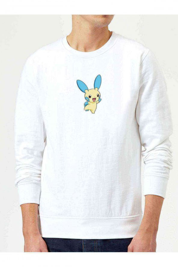 Pokemon Karakter Çizimi Minun Pokemon Baskılı Beyaz Erkek Sweatshirt