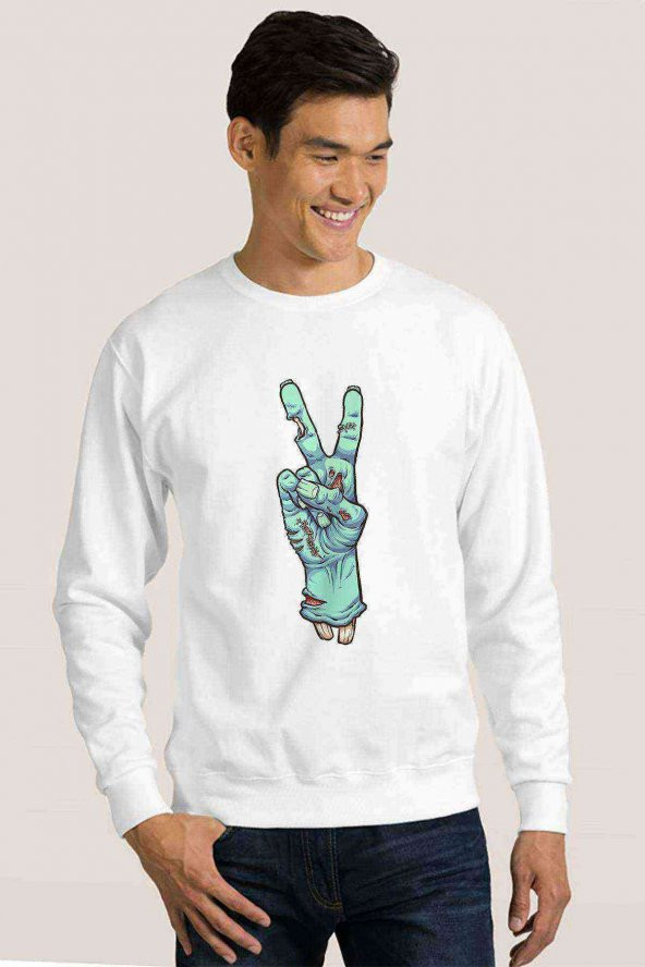 Zombie Peace Baskılı Beyaz Erkek Sweatshirt
