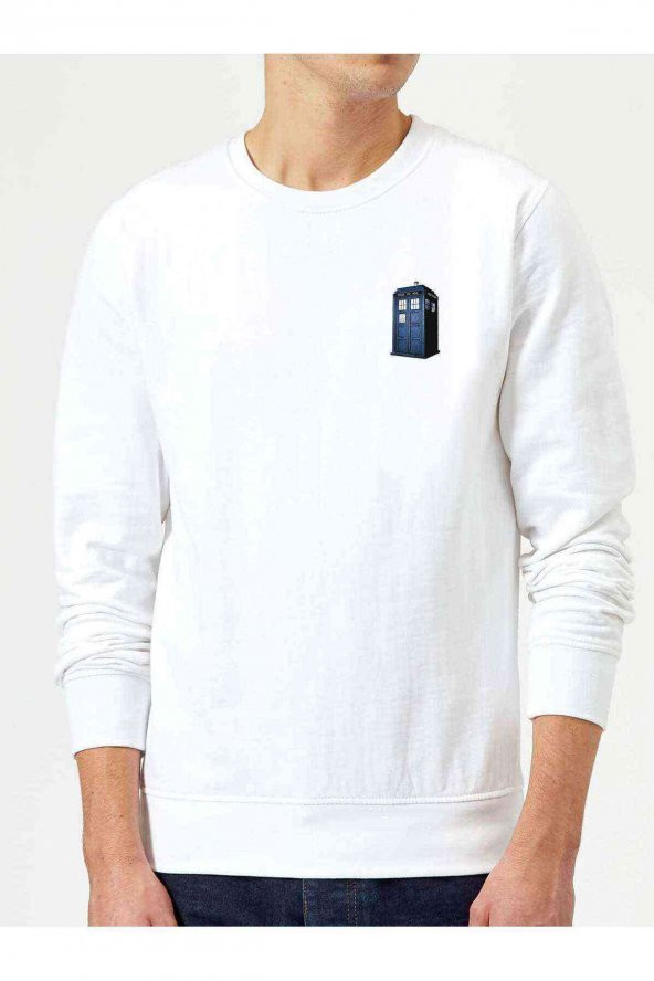 Doctor Who Tardis Baskılı Beyaz Erkek Sweatshirt