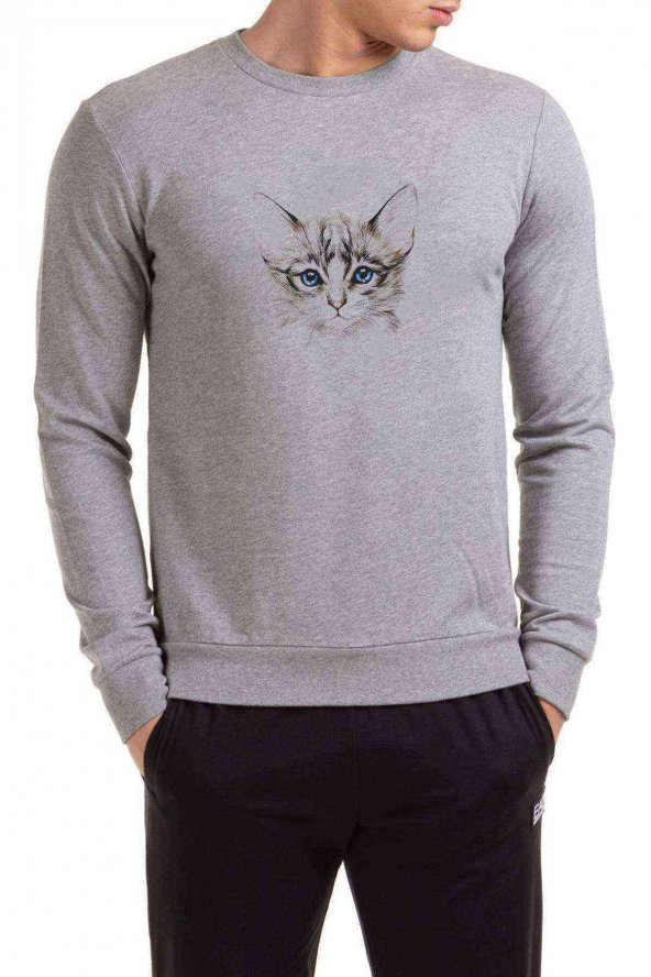 Gri ve Beyaz Yavru Kedi Illüstrasyon Baskılı Gri Erkek Sweatshirt