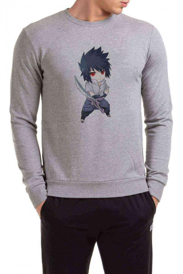 Anime Naruto Sasuke Chibi Uchiha Shippuden Baskılı Gri Erkek Sweatshirt