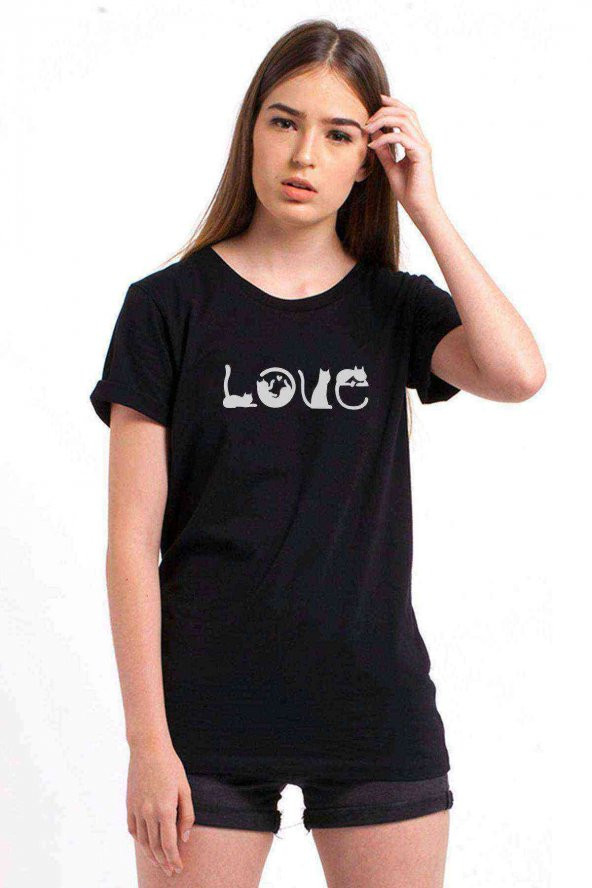 Kedi Love Baskılı Siyah Kadın Tshirt