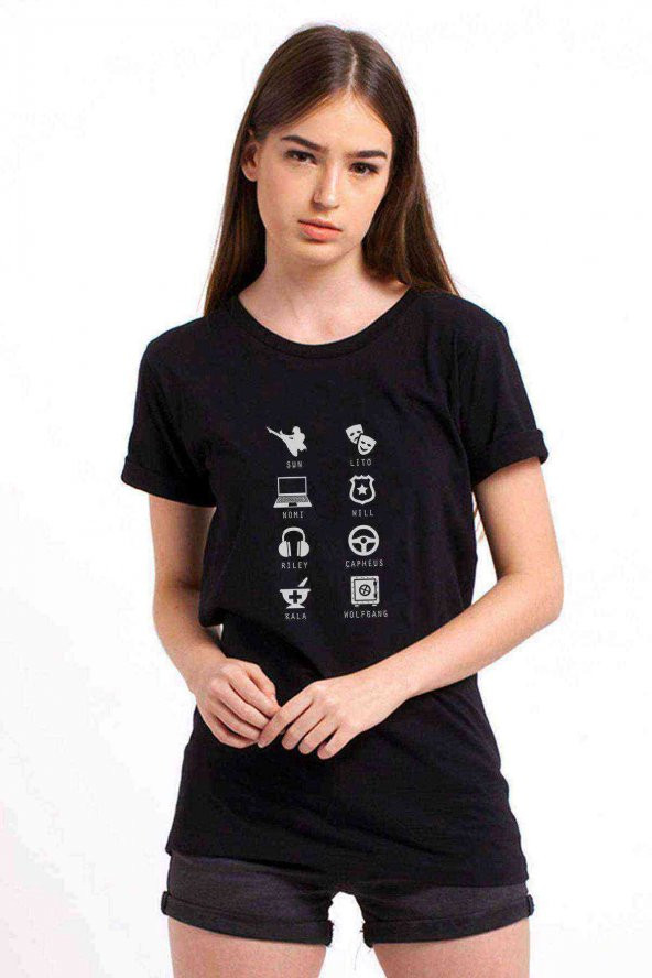 Sense8 Minimalist Symbols & Name Baskılı Siyah Kadın Tshirt