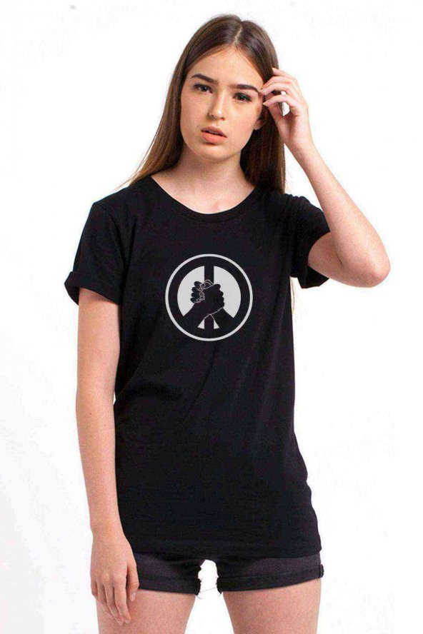 Silhouette Peace Logo Baskılı Siyah Kadın Tshirt