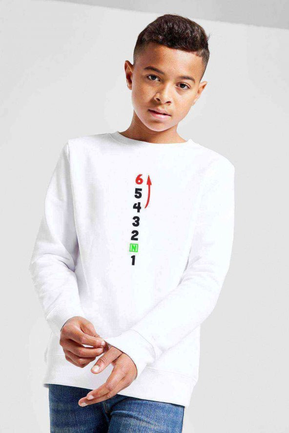 1n23456 Motor Ileri Baskılı Unisex Çocuk Beyaz Sweatshirt