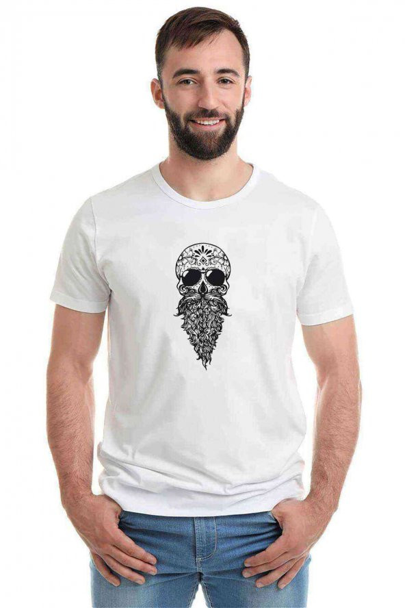 Skull Gri Baskılı Beyaz Erkek Tshirt