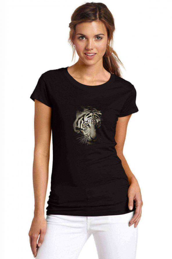 Black And White Tigers Baskılı Siyah Kadın Tshirt