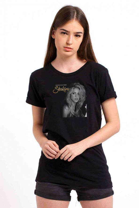 Shakira Baskılı Siyah Kadın Tshirt
