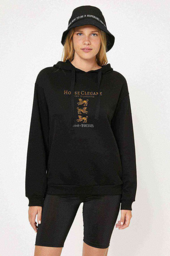 G O T HOUSE CELEGANE Baskılı Siyah Kadın Kapşonlu Sweashirt