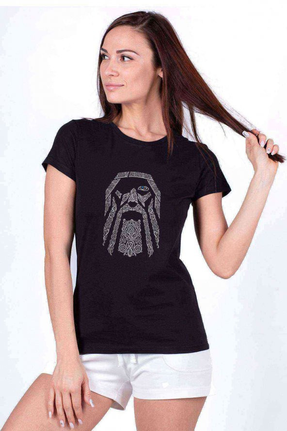 Odin Vikings Vintage Baskılı Siyah Kadın Tshirt