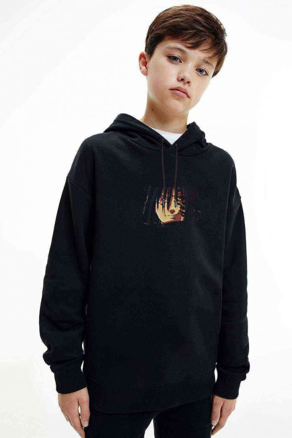 Sasuke Uchiha Curse Mark Baskılı Unisex Çocuk Kapüşonlu Siyah Sweatshirt - 1