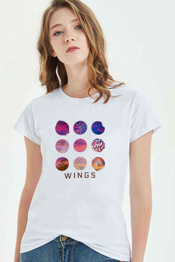 K Pop Wings Music Koreli Muzik Baskılı Beyaz Kadın Tshirt