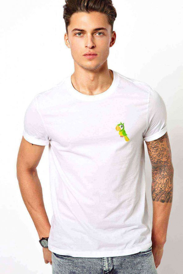 Papağan Kuş Budgerigar Scarlet Baskılı Beyaz Erkek Tshirt