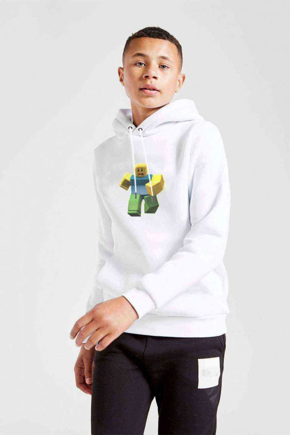 Roblox Minecraft Game Baskılı Unisex Çocuk Kapüşonlu Beyaz Sweatshirt