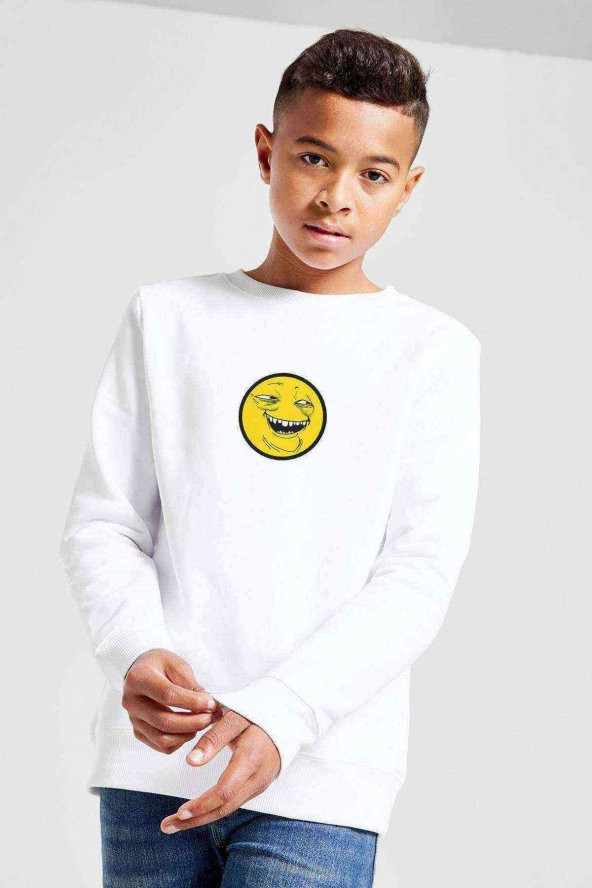Smile Trollface Internet Troll Gülümseme Yüz Baskılı Unisex Çocuk Beyaz Sweatshirt