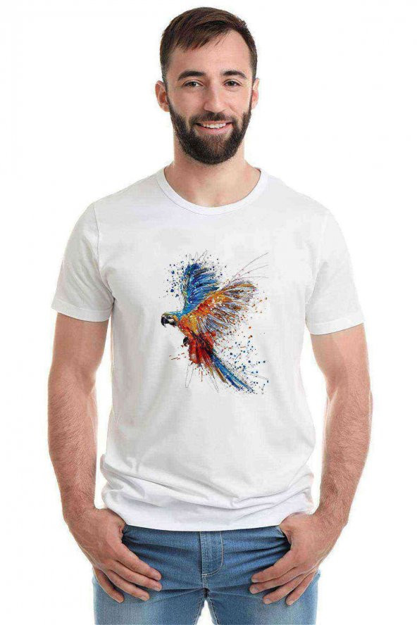 Papağan Sulu Boya Damlamalı Baskılı Beyaz Erkek Tshirt