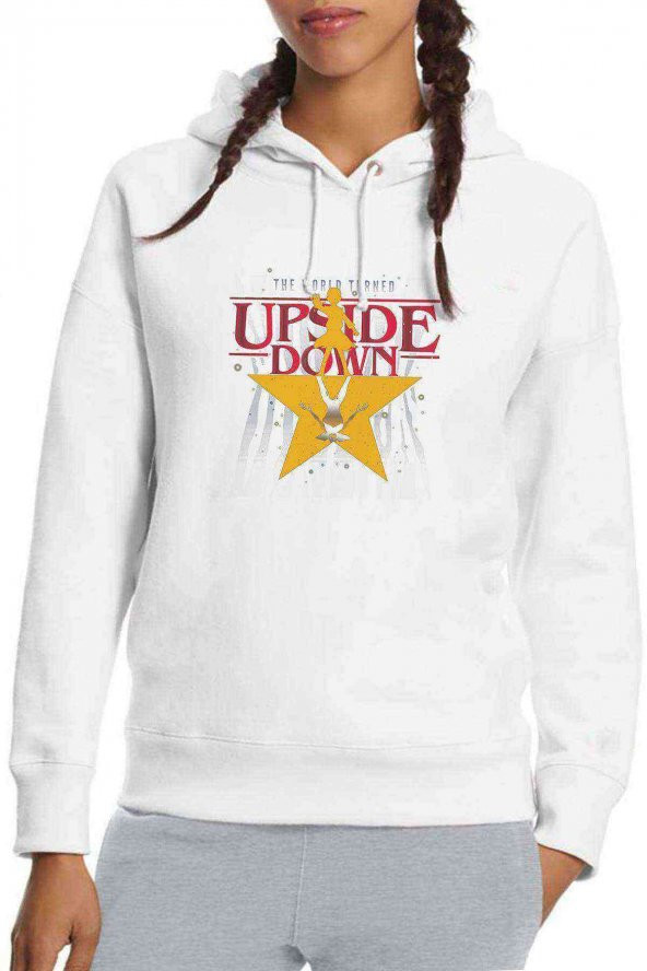 Stranger Things The Upside Down Star Baskılı Beyaz Kadın Kapşonlu Sweatshirt