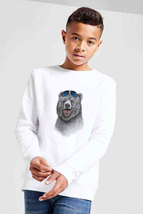 Ayı Kutup Ayısı Boz Ayı Bear Baskılı Unisex Çocuk Beyaz Sweatshirt
