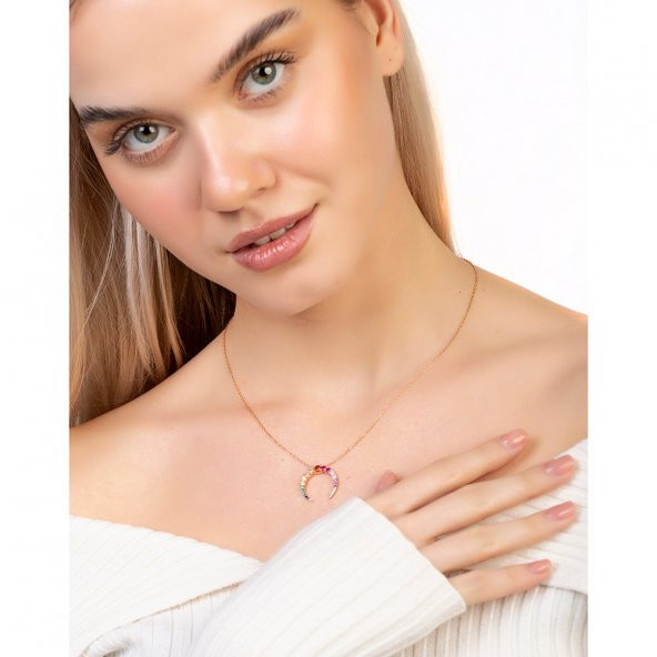 Nipora Multi Renk Zirkon Taşlı Hilal Tasarım Rose Renk 925 Ayar Gümüş Kadın Kolye - 3