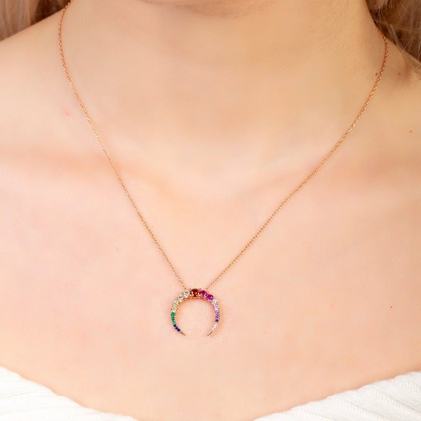 Nipora Multi Renk Zirkon Taşlı Hilal Tasarım Rose Renk 925 Ayar Gümüş Kadın Kolye - 4