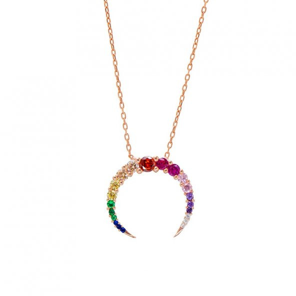 Nipora Multi Renk Zirkon Taşlı Hilal Tasarım Rose Renk 925 Ayar Gümüş Kadın Kolye - 6