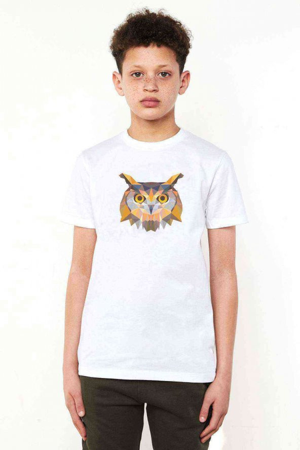 Polygonal Head Owl Baykuş Baskılı Unisex Çocuk Beyaz t-shirt