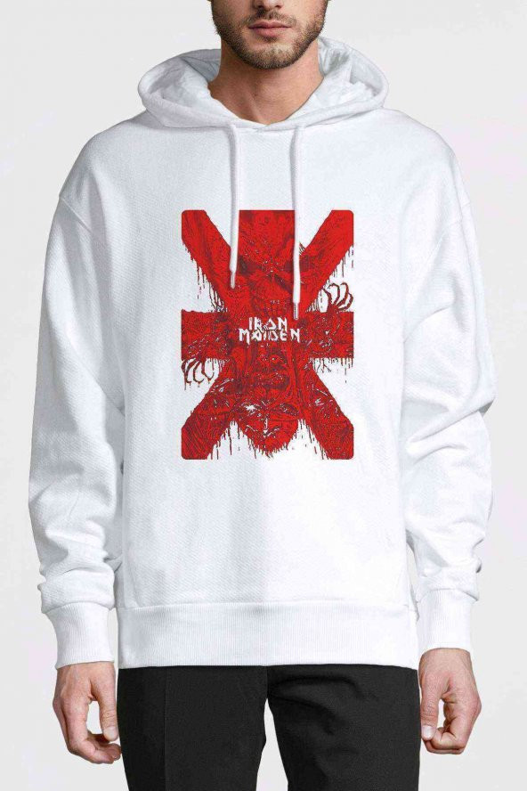 Iron Maiden X Metal Rock Muzik Baskılı Beyaz Erkek Kapşonlu Sweatshirt - 1