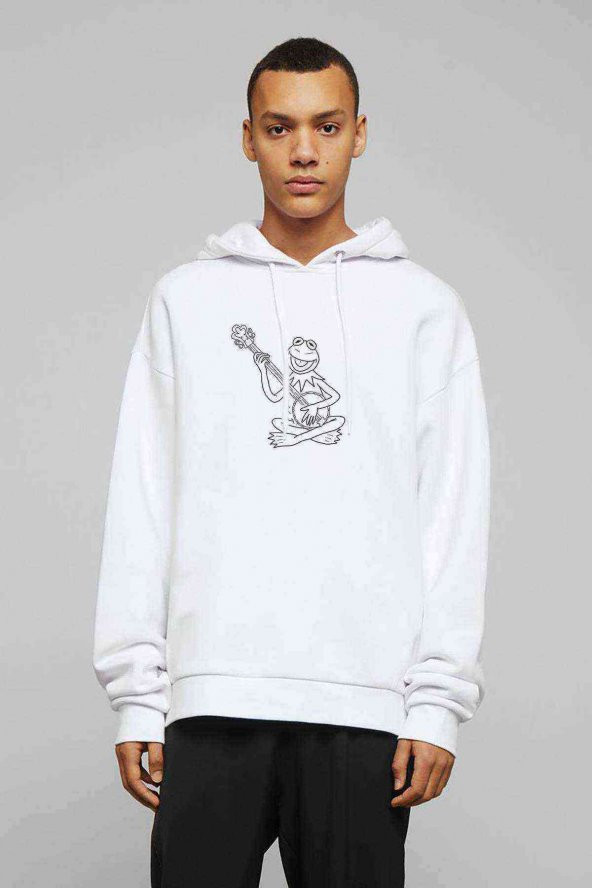 The Frog Gitarlı Kurbağa Kermit Baskılı Beyaz Erkek Kapşonlu Sweatshirt - 1
