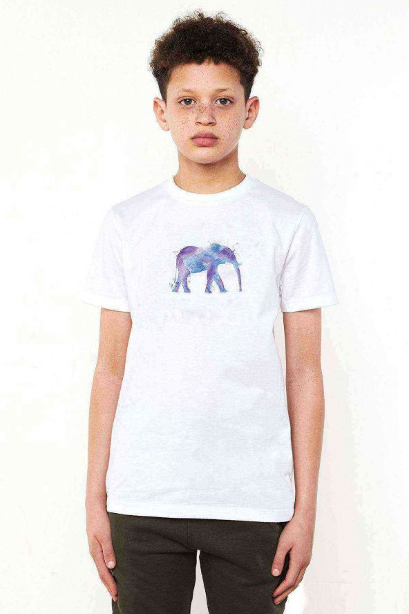 Kiss Elephant Watercolor Painting Illustration T Baskılı Unisex Çocuk Beyaz t-shirt