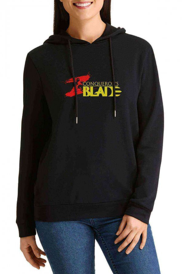 CONQUEROR BALDE Baskılı Siyah Kadın Kapşonlu Sweatshirt