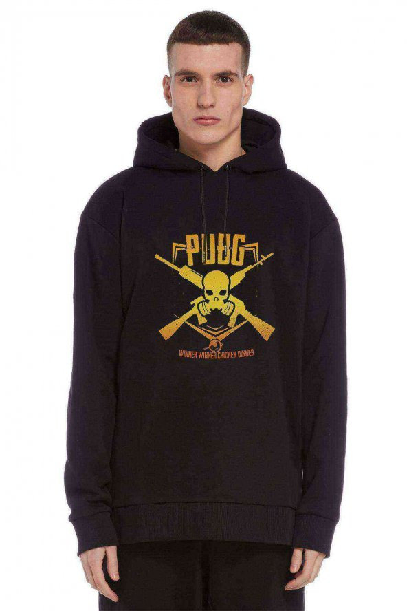 Pubg Kurukafa Sarı Baskılı Siyah Erkek Kapşonlu Sweatshirt