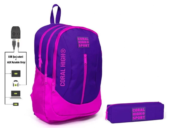 Coral High Sport Mor Pembe Sırt Çantası ve Kalemlik Seti